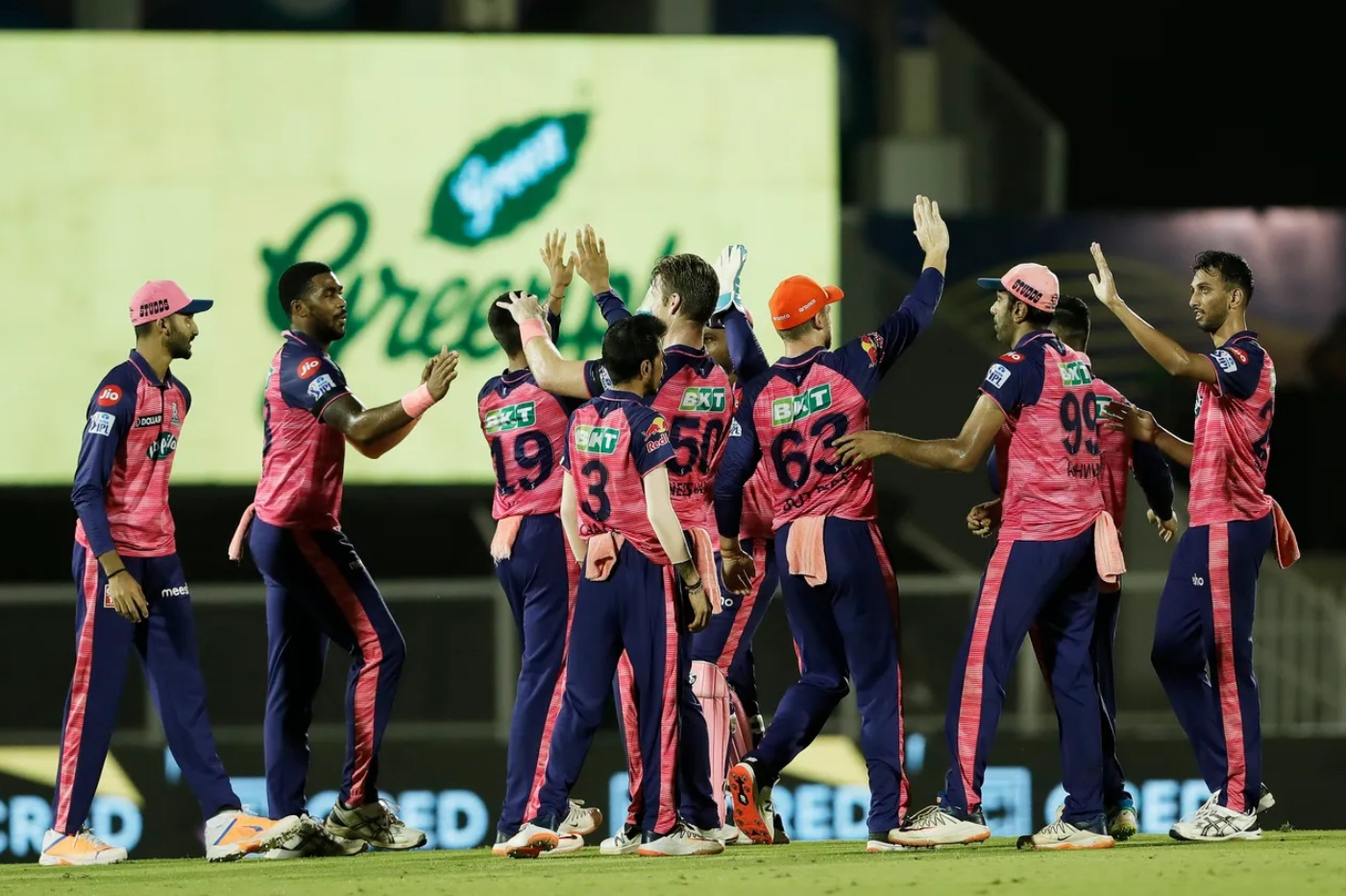 Rajasthan Royals’ players jumping in joy after KL Rahul wicket.