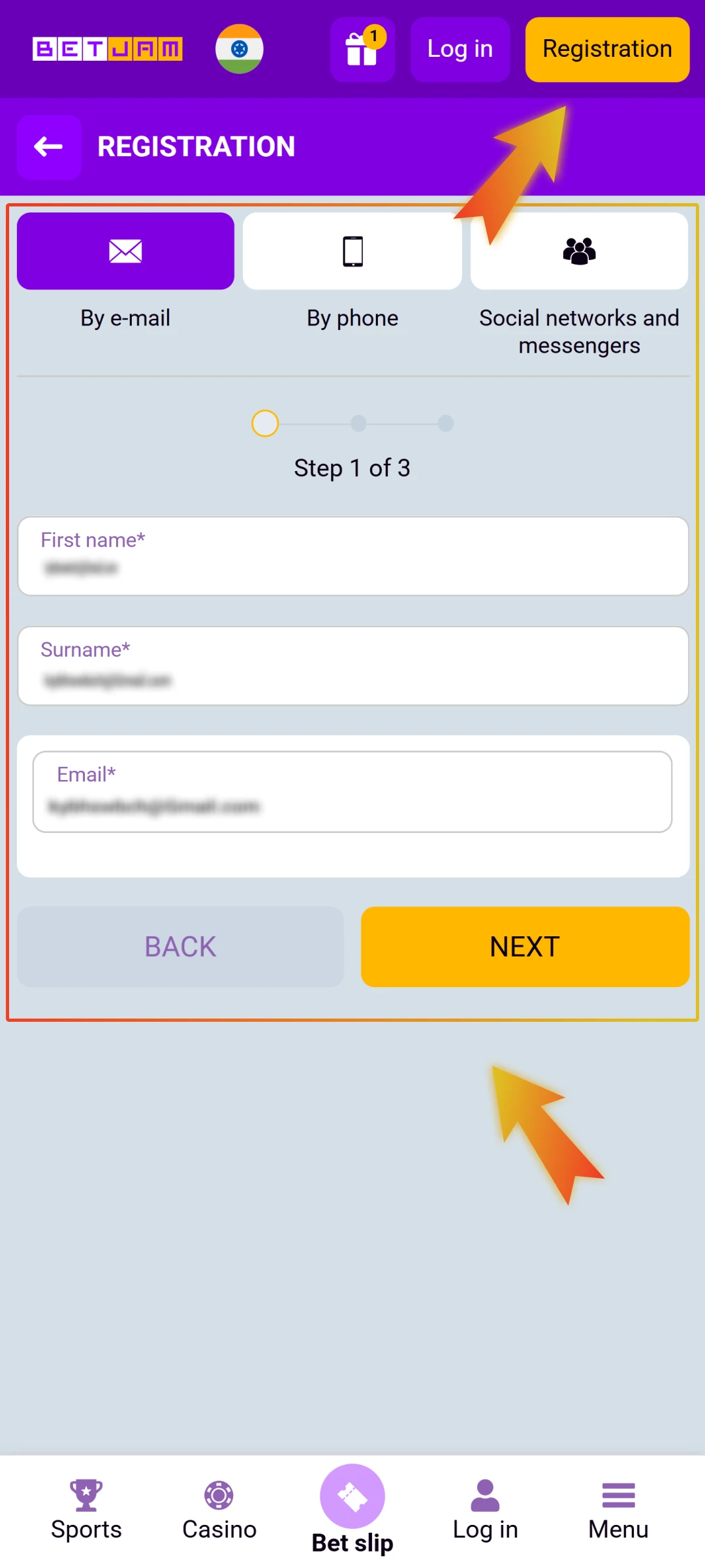 Players need to open the app and complete the registration form by adding basic personal details.