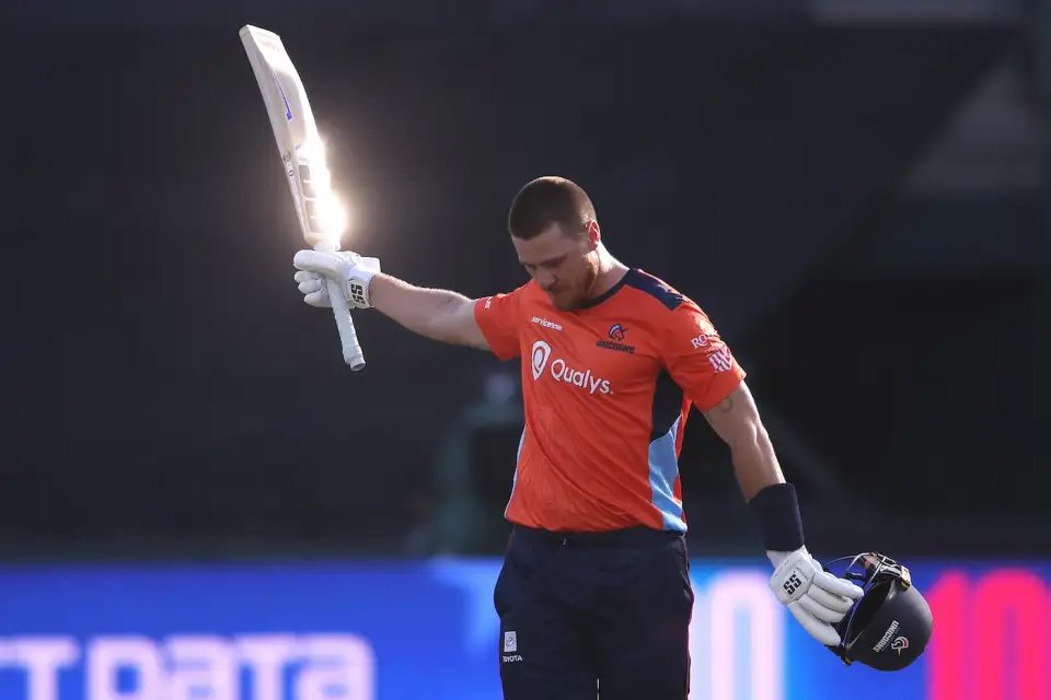 Finn Allen celebrates after scoring a century during a game in MLC 2025