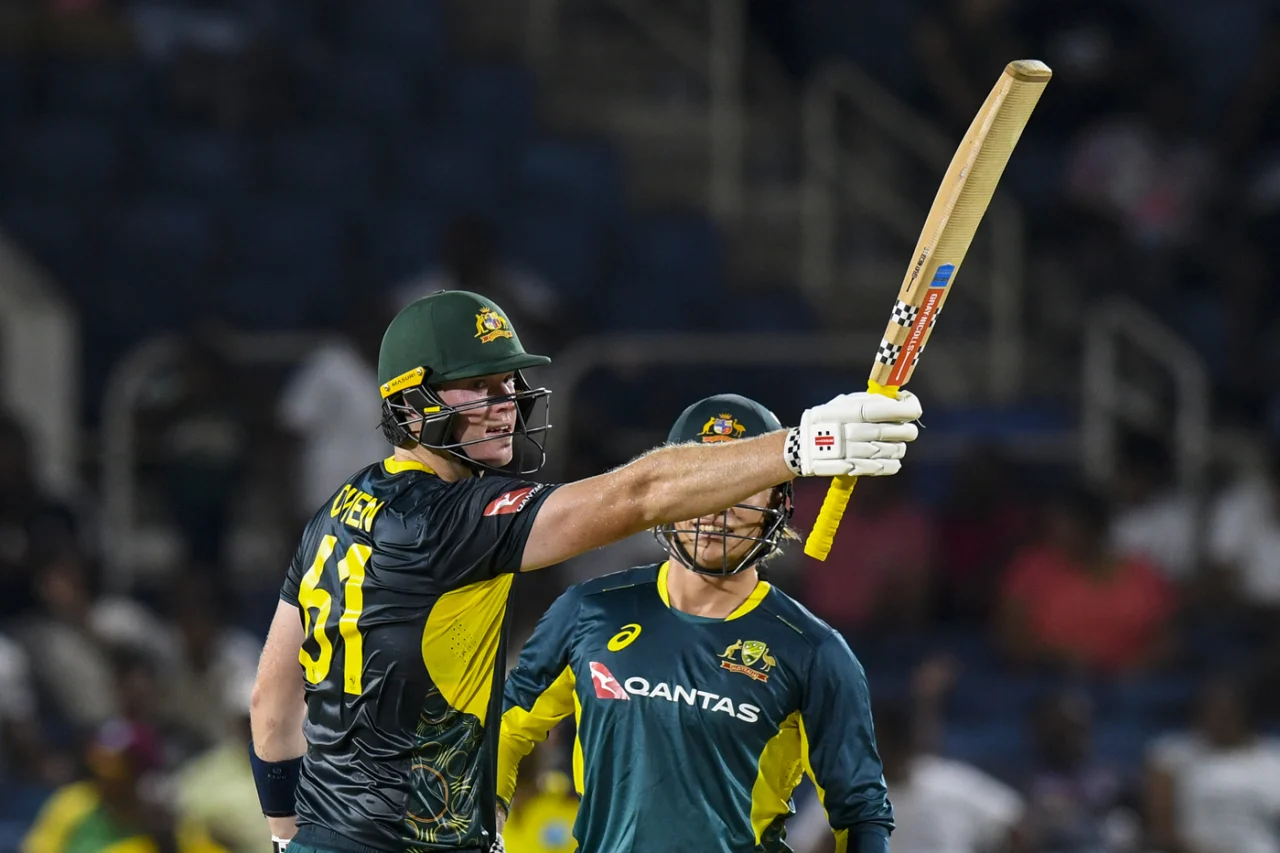 Mitchell Owen celebrates his half-century in first T20I against West Indies