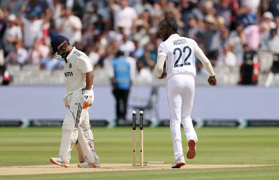 Jofra Archer lets Rishabh Pant know after sending his off-stump cartwheeling for England against India at Lords on Day 5