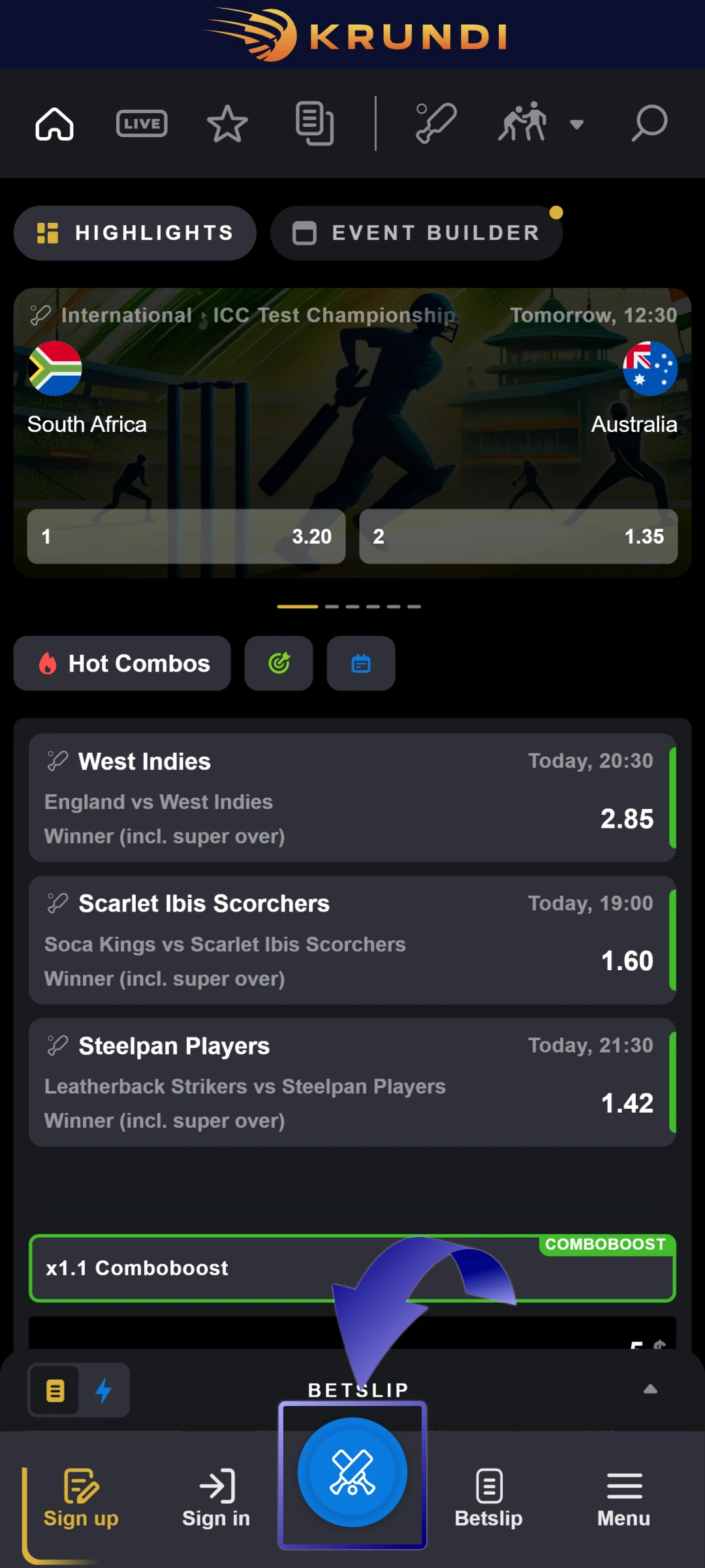 Navigate to Your Preferred Betting Section on Krundi mobile App.